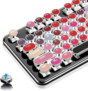 Basaltech Typewriter Style with White LED Backlight,Vintage Mechanical Gaming Keyboards with Lipstick Round Keycaps, Blue Switches 104-Keys Wired Keyboard Metal Panel for Laptop/pc
