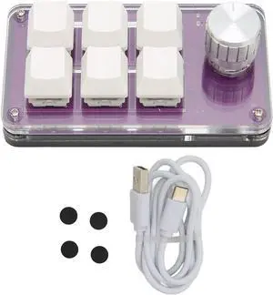6 Key One Handed Programmable Mechanical Keyboard with Knob, Wired, Plug and Play, for Gaming and Office, Multi Functional Mini Keypad (Transparent Purple)