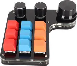 One Handed Programmable Keypad, 9 Keys Mini Macro USB Mechanical Keyboard with 3 Knobs, Dual Mode DIY Customizable Keypad with Blue Switch for Office Gaming