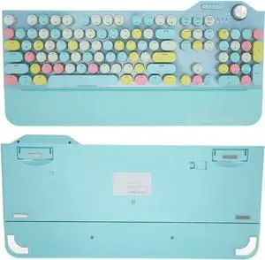 Cordless Retro Typewriter Mechanical Keyboard, 107 Keys Punk Style Round Key Keyboard, with Volume Control Knob, LED Backlit, 2.4G, BT5.1, USB Wired (Blue)