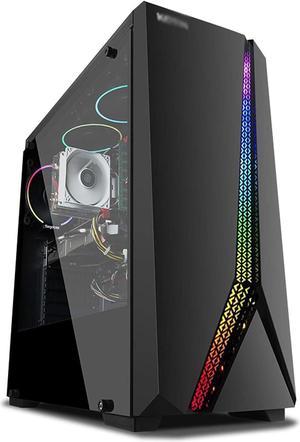 JF-TVQJ Computer Case Compact ATX Mid-Tower PC Gaming CaseBlack Desktop Computer CaseAcrylic Transparent Panel- Water-Cooling ReadyComes with LED Light Effect