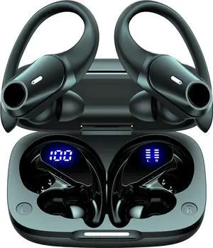 GOLREX Ear Buds Bluetooth Headphones Wireless Earbuds 36Hrs Playback Wireless Charging Case Digital Display Over-Ear Earphones with Earhook Waterproof Headset with Mic for Sport Running Workout Black