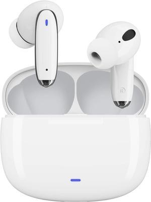 OMK Wireless Earbuds Waterproof Headset Noise Cancelling Earphones Long Battery Bluetooth Headphones with Wireless Charging Case for iPhone Android (White)
