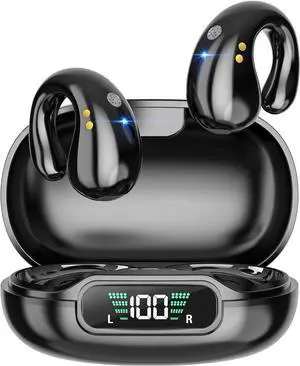 CoolJumper Open Ear Clip Headphones, Wireless Earbuds Bluetooth 5.3 Sports Earphones Built-in Mic with Ear Hooks, 36H Playtime Charging Case LED Display, IP7 Waterproof Fitness Ear Buds for Running