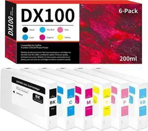 DX100 Ink Cartridges 200ml Set Replacement for Fujifilm DX VIVIDIA Ink Cartridge for Frontier-S DX100 Printer DX-100 Ink 6-Pack (Black Cyan Magenta Yellow Pink SkyBlue)
