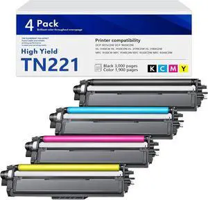 TN-221 Toner Cartridges 4 Pack TN221BK TN221C TN221M TN221Y Replacement for Brother TN225 TN221 4-Color Toner Cartridge Set Works with MFC-9340CDW MFC-9130CW HL-3170CDW HL-3140CW Printer