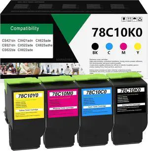 78C10K0 78C10C0 78C10M0 78C10Y0 Toner Cartridges(4Pack, 1BK/1C/1M/1Y) - MNRS Compatible CS421 Toner Cartridge Set Replacement for Lexmark CS421dn CS521dn CS622de CX421adn CX522ade CX622ade Printer