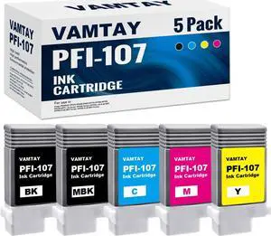 PFI-107 Ink Cartridge Compatible   PFI 107 PFI-107MBK PFI-107BK PFI-107C PFI-107M PFI-107Y Ink Tank for imagePROGRAF IPF670 IPF680 IPF685 IPF770 IPF780 IPF785 Printers (5 Pack, MBK BK C M Y)