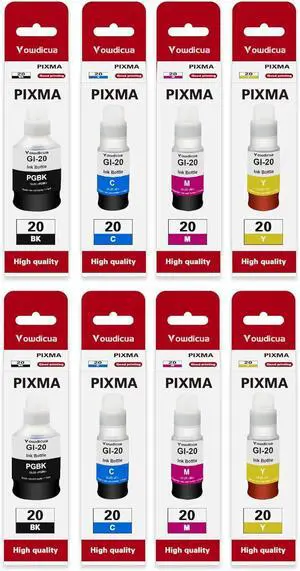 Ennovor PIXMA G5020 G6020 G7020 MegaTank Ink - 8-Pack Refill Bottles (2BK, 2C, 2M, 2Y) - High Capacity 170ML GI-20 Black, 100ML Color