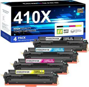 410X Toner Cartridges 4 Pack (with Chip) Replacement   410X 410A Color Laserj Pro MFP M477fnw Toner, M477fdw Toner, M452dn Toner, Color Laserj Pro M477 M452 Series | CF410X CF411X CF412X CF413X