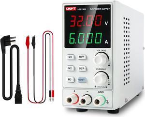 UNI-T DC Power Supply Variable Adjustable Bench Power Supply Switching Regulated 32V 6A OVP OCP OTP 4 Digits LED Display with Plug Adapter Power Cord Output Cables UTP1306