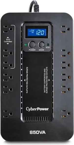 CyberPower EC850LCD Ecologic UPS Battery Backup and Surge Protector, 850VA/510W, 12 Outlets, ECO Mode, Compact, UL Certified
