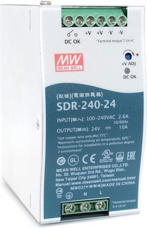 Mean Well SDR-240-24 240W 10A 24VDC Single Output DIN Rail Power Supply with PFC Function (SDR Series High Efficiency UL 508 Approved)
