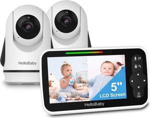HelloBaby Video Baby Monitor with 2 Cameras and 5 Inch Split Screen Display, Remote Control Cameras with Night Vision and Temprature Monitoring