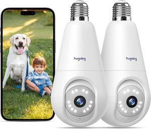 Hugolog 2K Light Bulb Security Cameras Wireless Outdoor-2.4GHz Cameras for Home Security Indoor with AI Motion Detection,Clear Color Night Vision,360°Auto Tracking,Siren Alarm,24/7 Recording