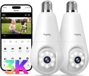 Hugolog 3K Light Bulb Security Cameras Wireless Outdoor-2.4GHz Cameras for Home Security Indoor with AI Sound Processing, Motion Detection,Color Night Vision,Auto Tracking,Siren Alarm