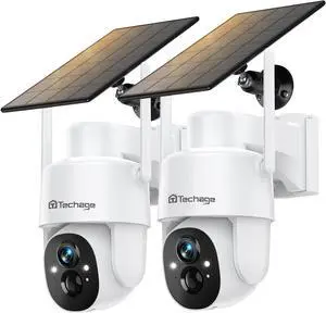 Solar Security Camera Wireless Outdoor, 2K WiFi Cameras for Home Security, 360° PTZ Surveillance Camera with PIR, Color Night Vision, 2-Way Talk, IP66 Waterproof, SD/Cloud, Work with Alexa (2 Pack)