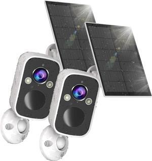 2K Solar Security Camera Wireless Outdoor with Solar Panel, 2Pc Security Cameras for Home Security with Motion Detection Spotlight Siren Alarm, Color Night Vision, 2-Way Talk, Waterproof, Cloud/SD