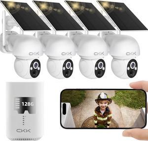 2.5K Family Safety System,Solar Security Cameras Wireless Outdoor,4 Cameras Kit with Full Color Night Vision,360° View,2.4Ghz WiFi Camera,2-Way Audio,Spotlight Camera,128G Local Storage,No Monthly Fee