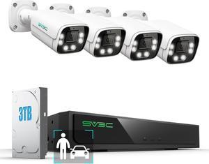 SV3C 4K POE Security Camera System, 8 Ports 16CH NVR for Surveillance with 3TB HDD, 24/7 Recording, Playback, 4pcs 4K Wired POE IP Cameras with 120°Wide Angle, Motion Detection, Color Night Vision