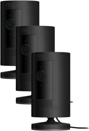 Ring Stick Up Cam Plug-In | Weather-Resistant Outdoor Camera, Live View, Color Night Vision, Two-way Talk, Motion alerts, Works with Alexa | 3-Pack | Black