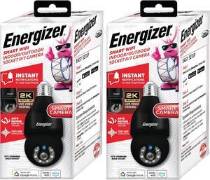 Energizer Smart Light Bulb 2K Security Camera 2-Pack, Outdoor Socket Camera, Auto Tracking, Pan & Tilt, Night Vision, 2-Way Audio, Instant Alerts, Works with Google Home & Alexa (2, Black)