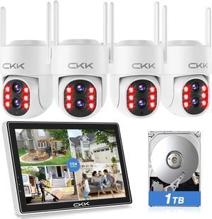 Dual Wi-Fi,2MP+2MP Dual Lens 2K Security Camera System with Dual Lens Outdoor, with 10" LCD Monitor, 4 Pcs Dual Band WiFi PTZ Cameras, Two-Way Audio, AI Motion Detection, Color Night Vision,1TB HDD