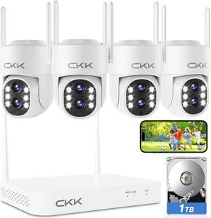 Dual Wi-Fi, Dual Lens Wireless Security Camera System, 4PCS Outdoor Dual Lens PTZ CKK Cameras Plug & Play for 24/7 Recording, AI Motion Detection/Color Night Vision, 2.4G/5G WiFi, and 1TB HDD.