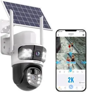 SANSCO 4MP Solar Security Cameras Wireless Outdoor, Battery Powered Dual Lens WiFi Camera for Home Security, Color Night Vision, 2-Way Audio, PIR Human Detection, Auto Tracking, Remote Access