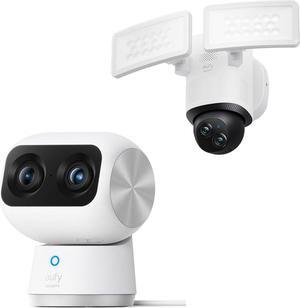 eufy Security Floodlight Camera E340 Wired, 360° Pan and Tilt Indoor Cam S350, Dual Cameras, 4K UHD Resolution Security Camera with 8× Zoom and 360° PTZ
