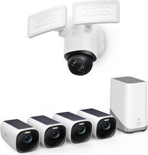 eufy Security eufyCam S330 (eufyCam 3) 4-Cam Kit, Security Camera Outdoor Wireless Floodlight Camera E340 Wired, 360° Pan and Tilt, HomeBase 3 Compatible