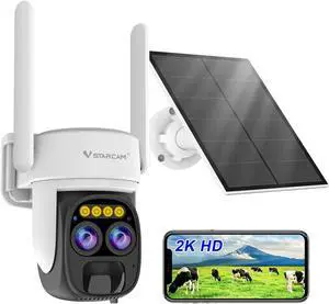 VSTARCAM Solar Camera Outdoor Wireless No Subscription, Dual Cameras, 2K UHD with 10× Zoom, 100% Wire-Free with Battery Powered, 360° Panoramic View, PIR Motion Detection, Siren, 2-Way Audio,IP66