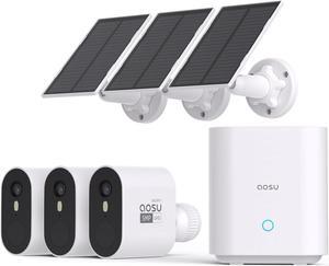 AOSU 5MP Solar Security Cameras Wireless Outdoor, 166° Ultra-Wide-Angle, Home Security Camera System 3-Cam Kit with Color Night Vision, Spotlight, No Subscription, Support 2.4G & 5G WiFi Router