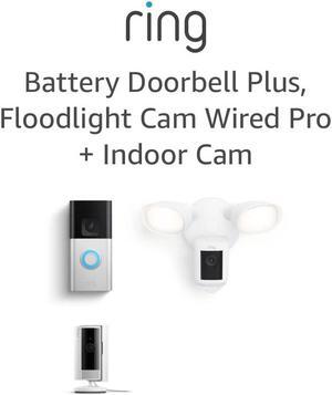 Ring Floodlight Cam Wired Pro, White with Ring Battery Doorbell Plus and All-new Ring Indoor Cam, White