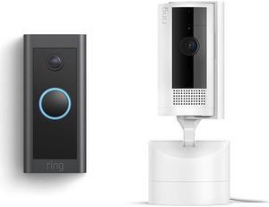 Ring Pan-Tilt Indoor Cam, White with Ring Video Doorbell Wired, Black