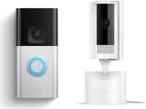 Ring Pan-Tilt Indoor Cam, White with Ring Battery Doorbell Plus, Satin Nickel