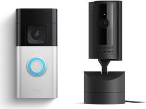 Ring Pan-Tilt Indoor Cam, Black with Ring Battery Doorbell Plus, Satin Nickel