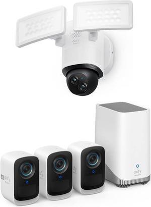 eufy security eufyCam S300(eufyCam 3C) 3-Cam Kit, Security Camera System Outdoor Wireless + eufy Security Floodlight Camera E340 Wired, 360° Pan and Tilt