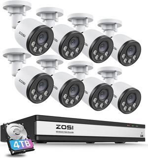 ZOSI 4K 16CH PoE Security Camera System with Audio, Night Vision, Smart Human Detection, Motion Alerts, 8pcs Outdoor Indoor PoE Wired Cameras, 16 Channel 4K 8MP NVR with 4TB HDD for 24/7 Recording