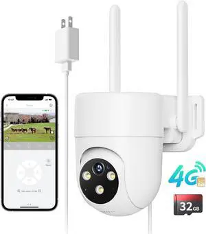 LIWAN 4G LTE Cellular Security Camera Wired Outdoor, No WiFi Security Camera, Plug-in for 24/7 Recording, 360° View, 2K Color Night Vision, 2-Way Talk, Built-in SIM Card and 32G Memory Card, White