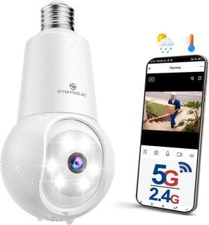 SYMYNELEC 2K 5GHz/2.4GHz Light Bulb Security Camera Outdoor, Dual-Band WiFi Light Socket Camera with AI Human Detection Motion Tracking Spotlight Color Night Vision Siren Alarm Works with Alexa