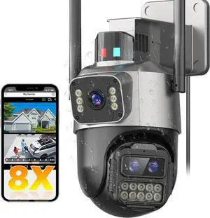 PTZ Security Camera Outdoor, Dual Lens 8X Digital Zoom Outside Cameras for Home Security with Cord, IP66 Waterproof, AI Tracking, Light Alarm, Color Night, 2-Way Talk, 24/7 Record,SD/Cloud