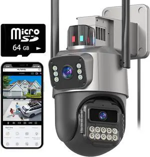 Security Camera Outdoor, 6MP Dual Lens WiFi Outside Cameras for Home Security with 64G SD Card, Wired Cord, IP66 Waterproof, AI Tracking, Light Alarm, Color Night, 24/7 Record,SD/Cloud