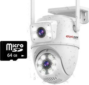 6MP Wireless Security Camera Outdoor, Dual Lens Linkage Security WiFi Camera with 64GB SD Card,Human Detection,Auto Tracking,Light Alarm,Night Vision,Two-Way Audio,Need Plug in Cable