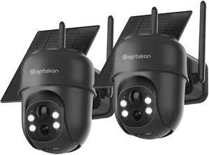 Septekon 2K Solar Security Cameras Wireless Outdoor 2 Pack, 360°PTZ Battery Powered Outdoor Camera, 2.4G WiFi Camera with Spotlight Color Night Vision, Motion Sensor Alarm, IP66, Black
