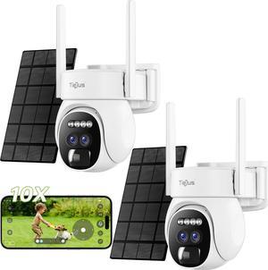 Dual Lens Security Cameras Wireless Outdoor 2Packs, 360° PTZ Solar Cameras for Home Security Outside, 2K WiFi Battery Powered Surveillance Camera Color Night Vision, Motion Alarm [10X Zoom]