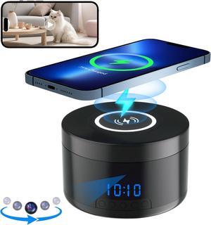 Hidden Video Cameras Wireless Charger Clock, 1080P Clock Camera with 160° Adjustable Lens, Motion Detection Alerts, 15W Fast Phone Charging, Hidden Video Cameras Clock, Security Camera Charger