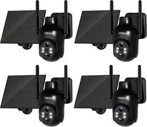 Xega 4 Pack Security Camera Wireless Outdoor, 2K PTZ Camera WiFi Surveillance Rechargeable Battery with Solar Panel, Color Night Vision, 2-Way Audio, PIR Motion Detection, Spotlight & Siren, IP66