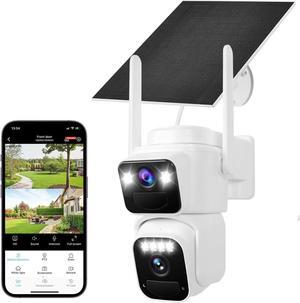 Dual Lens Dual Screen 2K Solar Security Camera Wireless Outdoor 360° View Battery Powered Camera with Spotlight Color Night Vision, PIR Sensor WiFi Home Security System