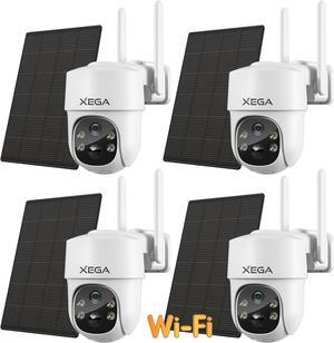 Xega 4 Pack Solar WiFi Security Camera Wireless Outdoor, Battery Powered PTZ 2.4Ghz WLAN Security Camera for Home with Spotlight Siren Motion Detection Pan Tilt Built-in Light TF/Cloud Storage IP66